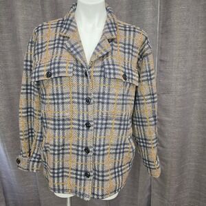 Liverpool Los Angeles Womens Plaid Knit Shacket Tan Black/Navy Yellow Med Coat